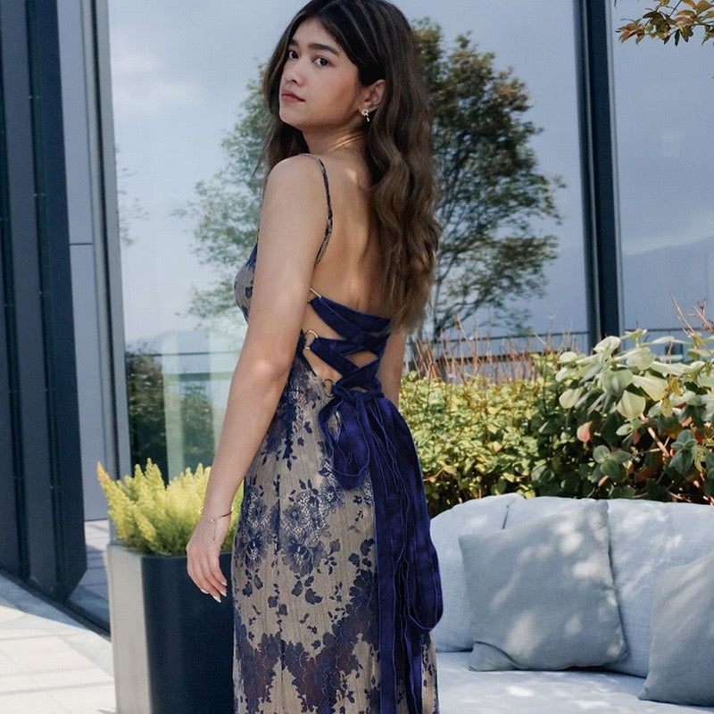 Midnight Garden Lace Up Cami Long Dress