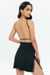 Backless Lace Trim Split Hem Mini Dress