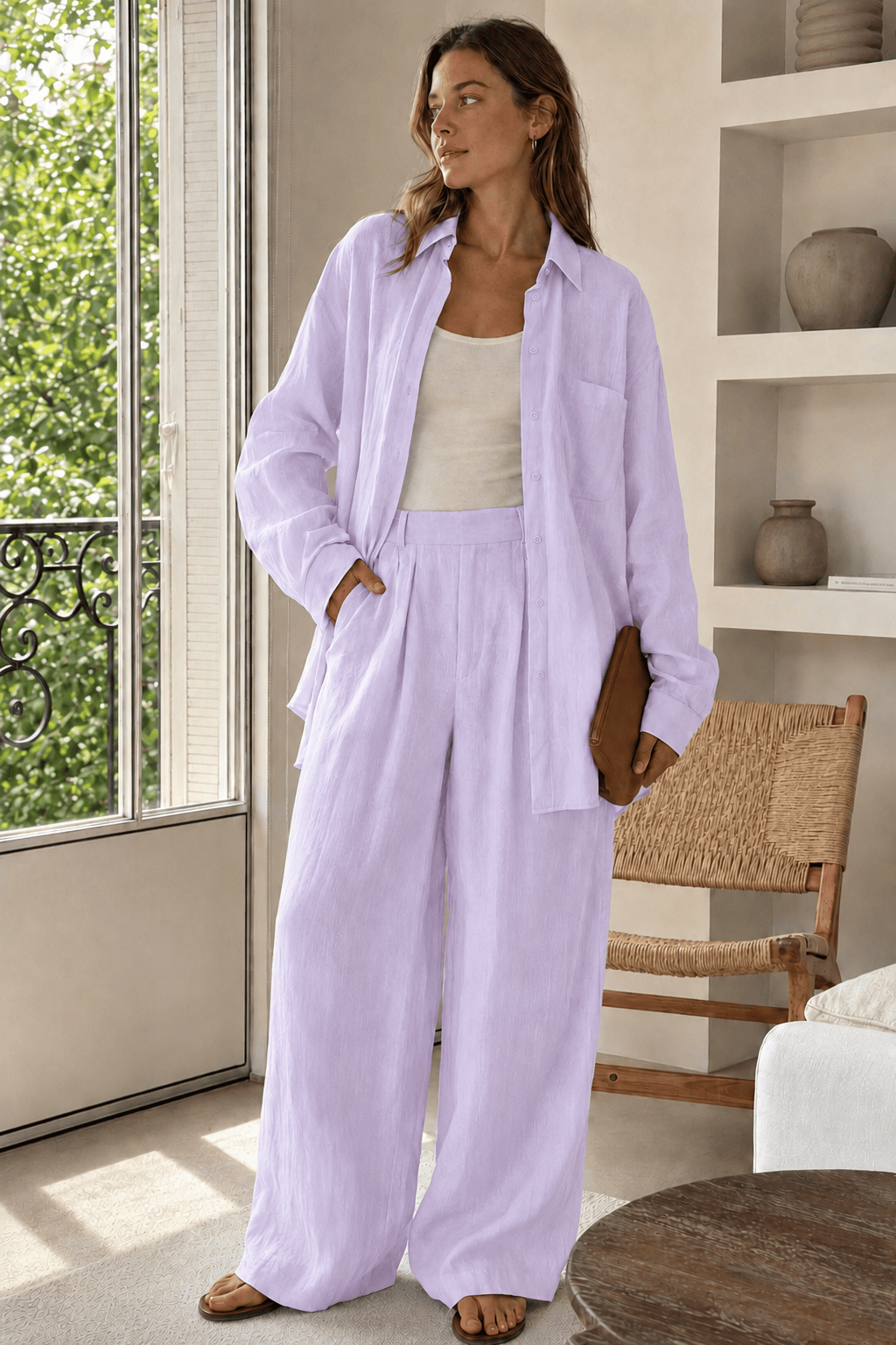 Linen Loose Long Sleeve Pants Two Piece Set
