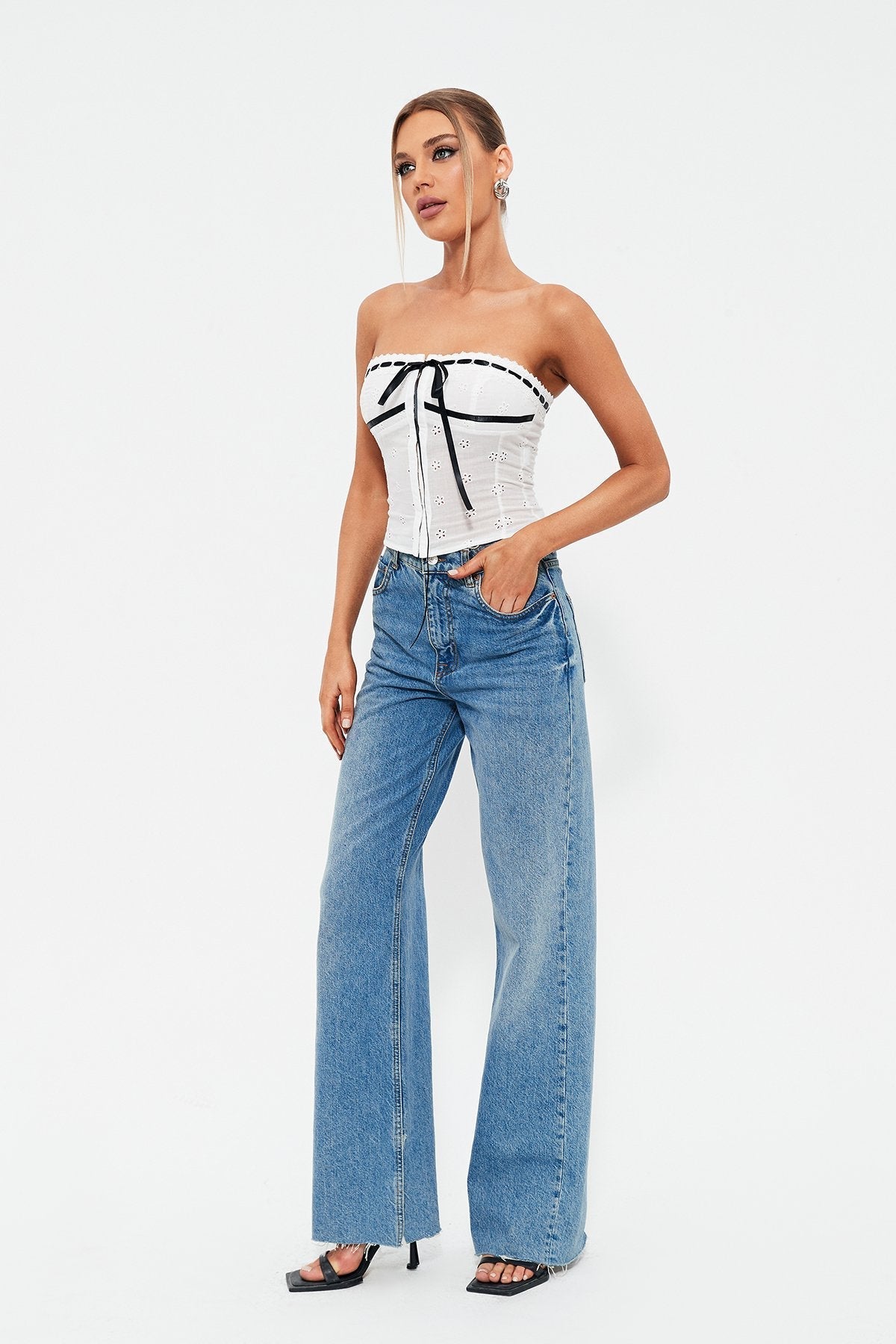 Off Shoulder Colorblock Trim Tie Front Jacquard Corset Top