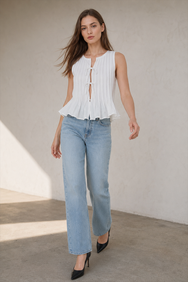 Solid Ruffled Tie Linen Cotton Shirt Tank Top
