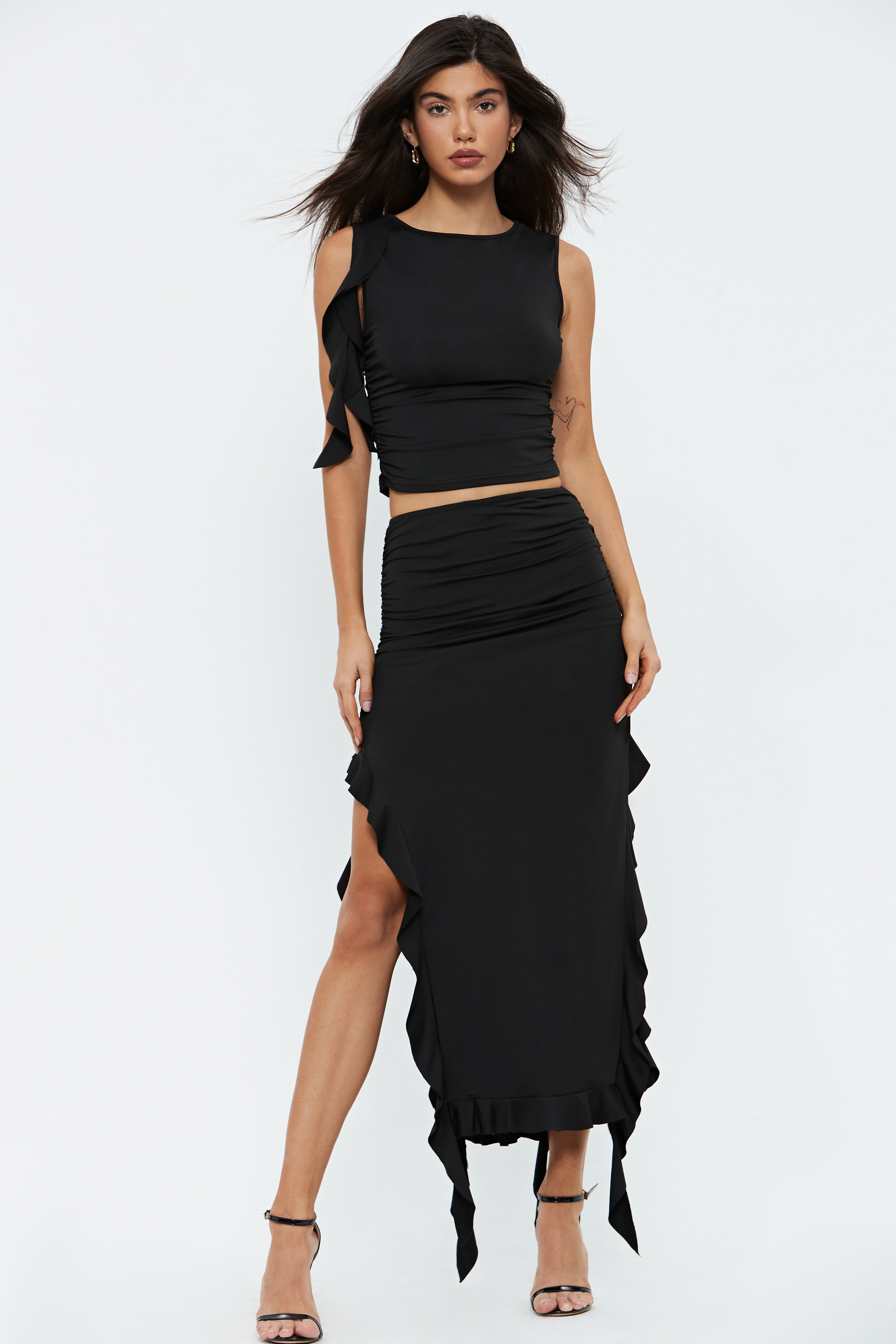 Ruffle Trim Sleeveless Crop Top & Split Hem Skirt Set