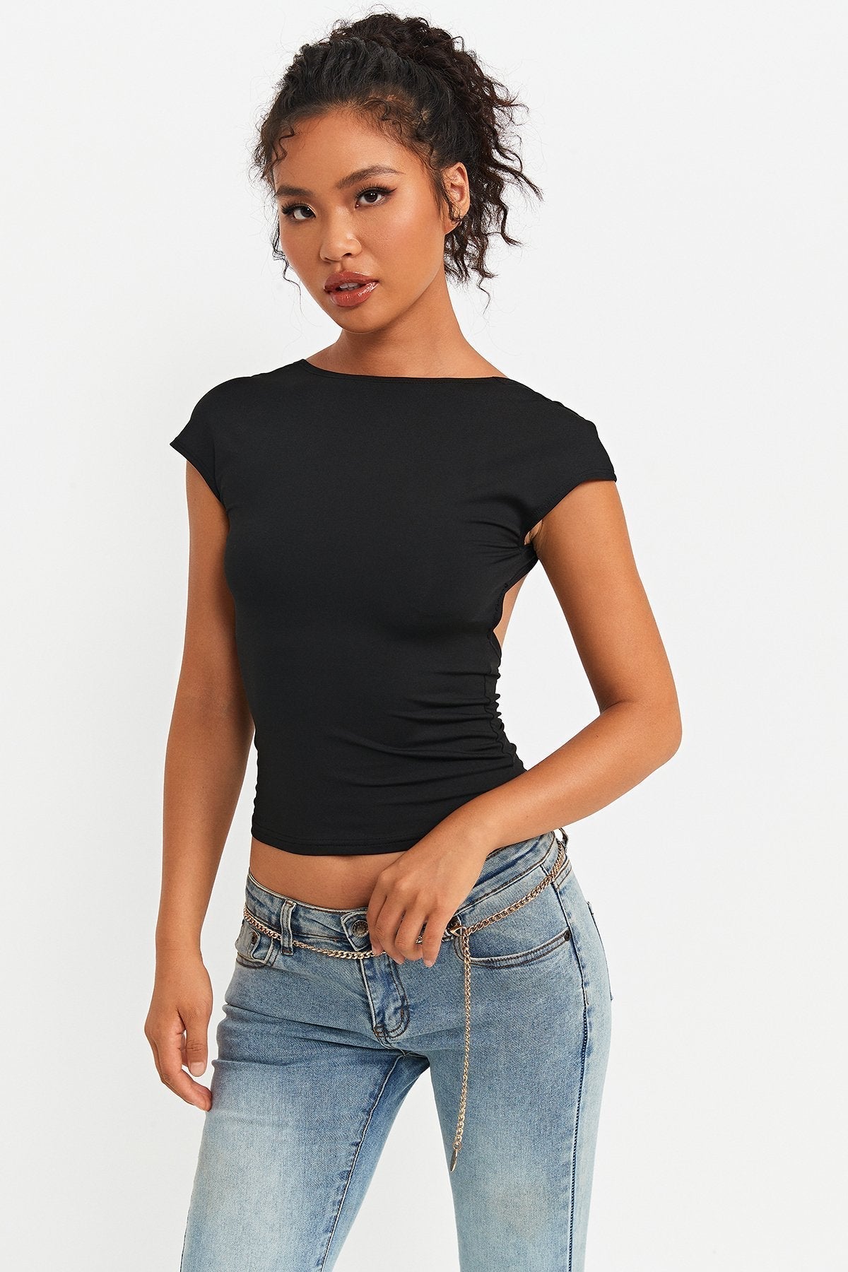 Open Back Short Sleeve Bodycon Crop Top