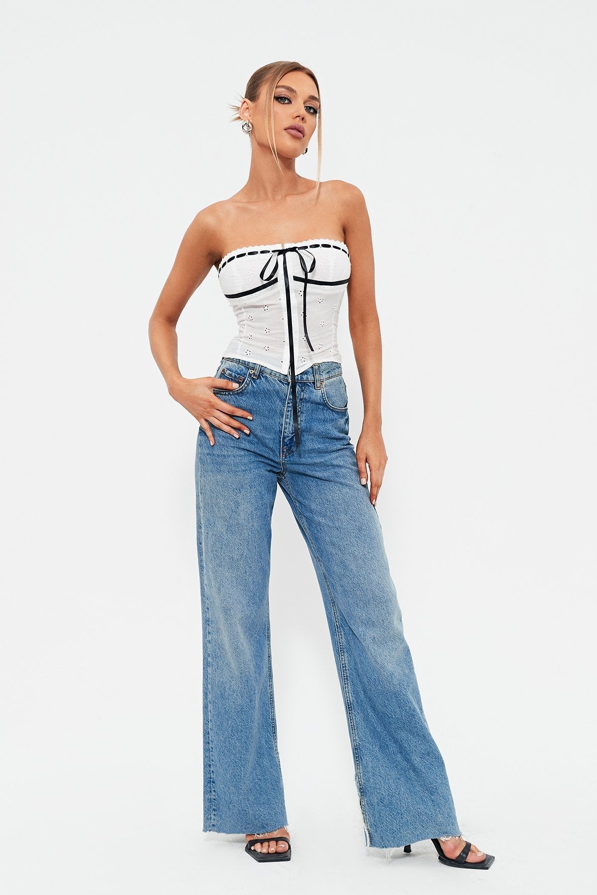 Off Shoulder Colorblock Trim Tie Front Jacquard Corset Top