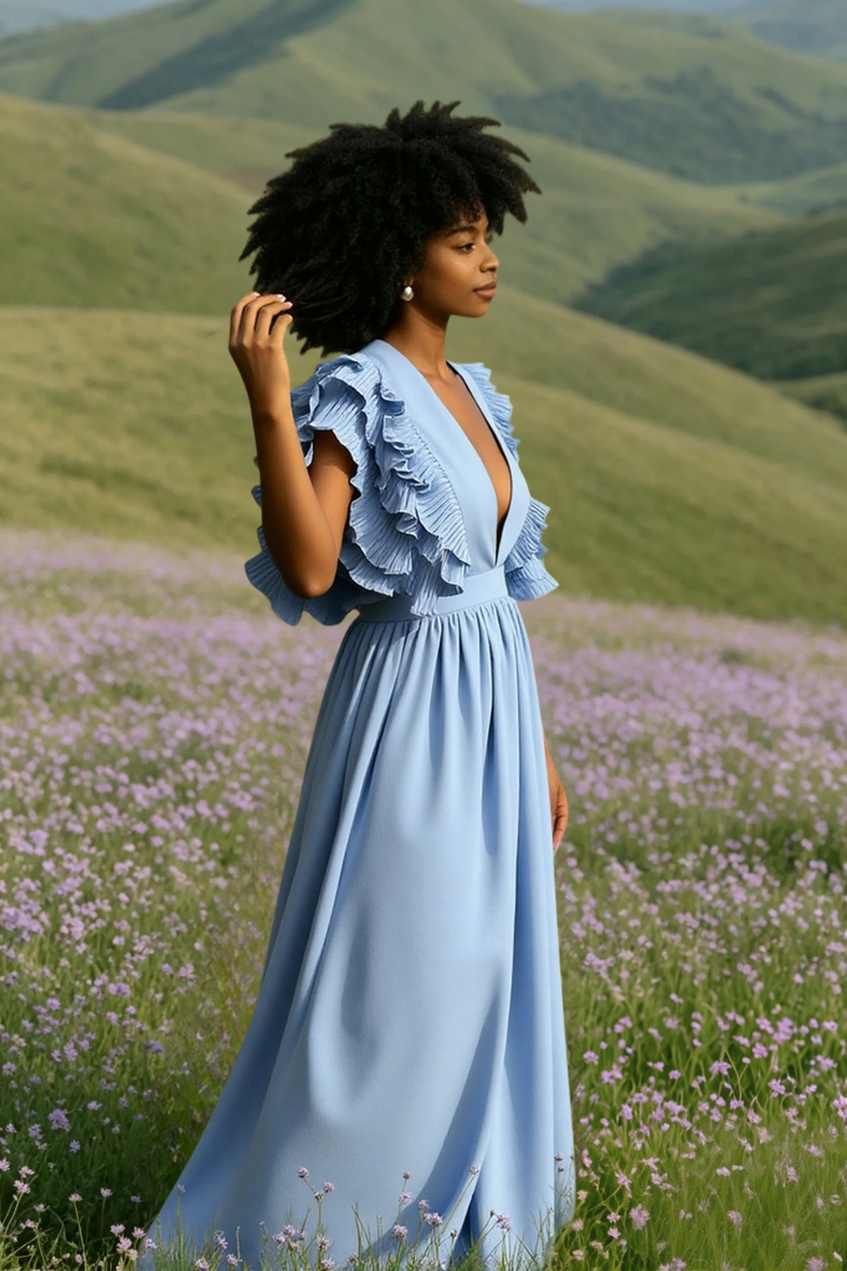 V Neck Ruffled High Waist Dress