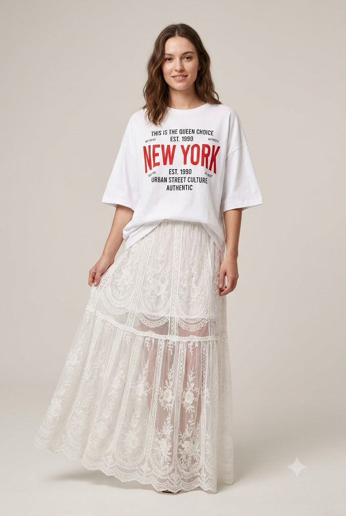 Floral Lace Sheer High-Waist A-Line Skirt