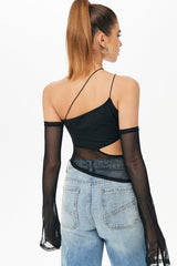 Mesh Splicing Off Shoulder Long Sleeve Crop Top