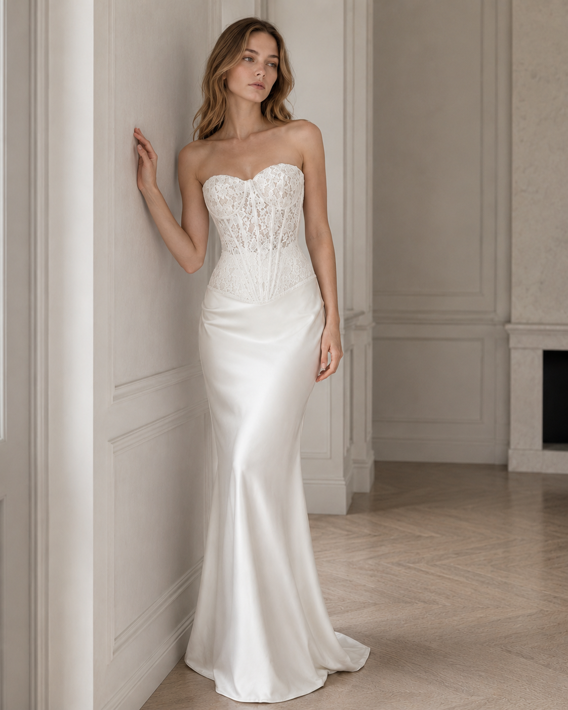 Vintage Lace Strapless Boned Solid Fitted Bodycon Maxi Dress