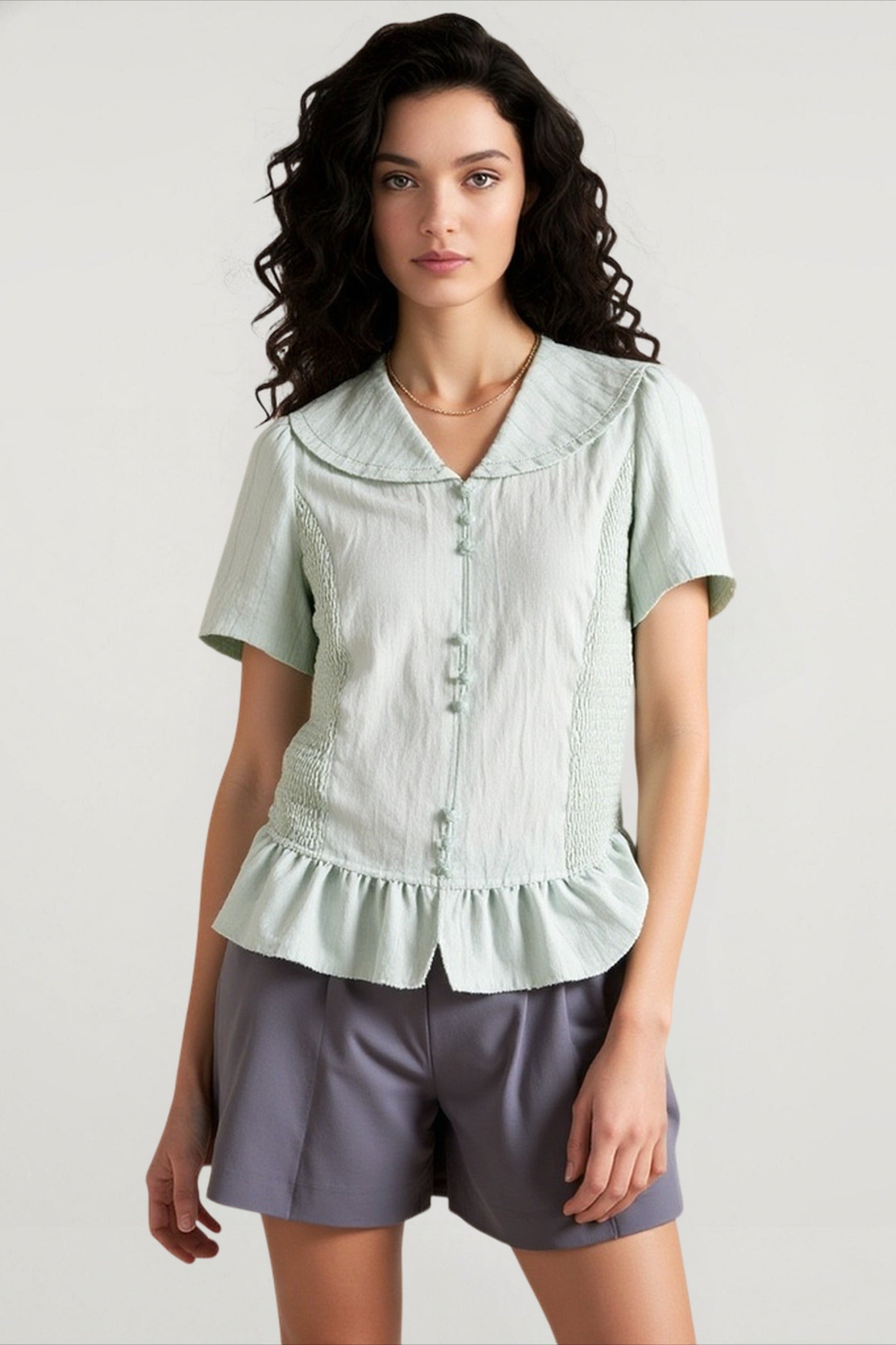 Linen Stripe V Neck Tie Waist Blouse