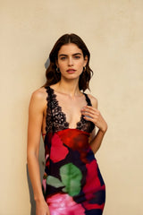 Printed Lace Panel Low Back Vacation Dress