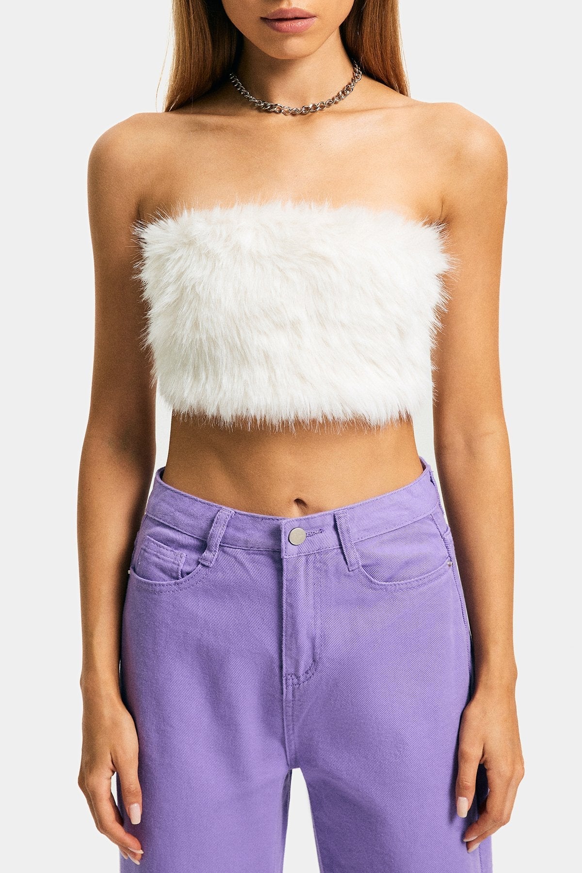 Fuzzy Off Shoulder Zipper Backless Tube Crop Top
