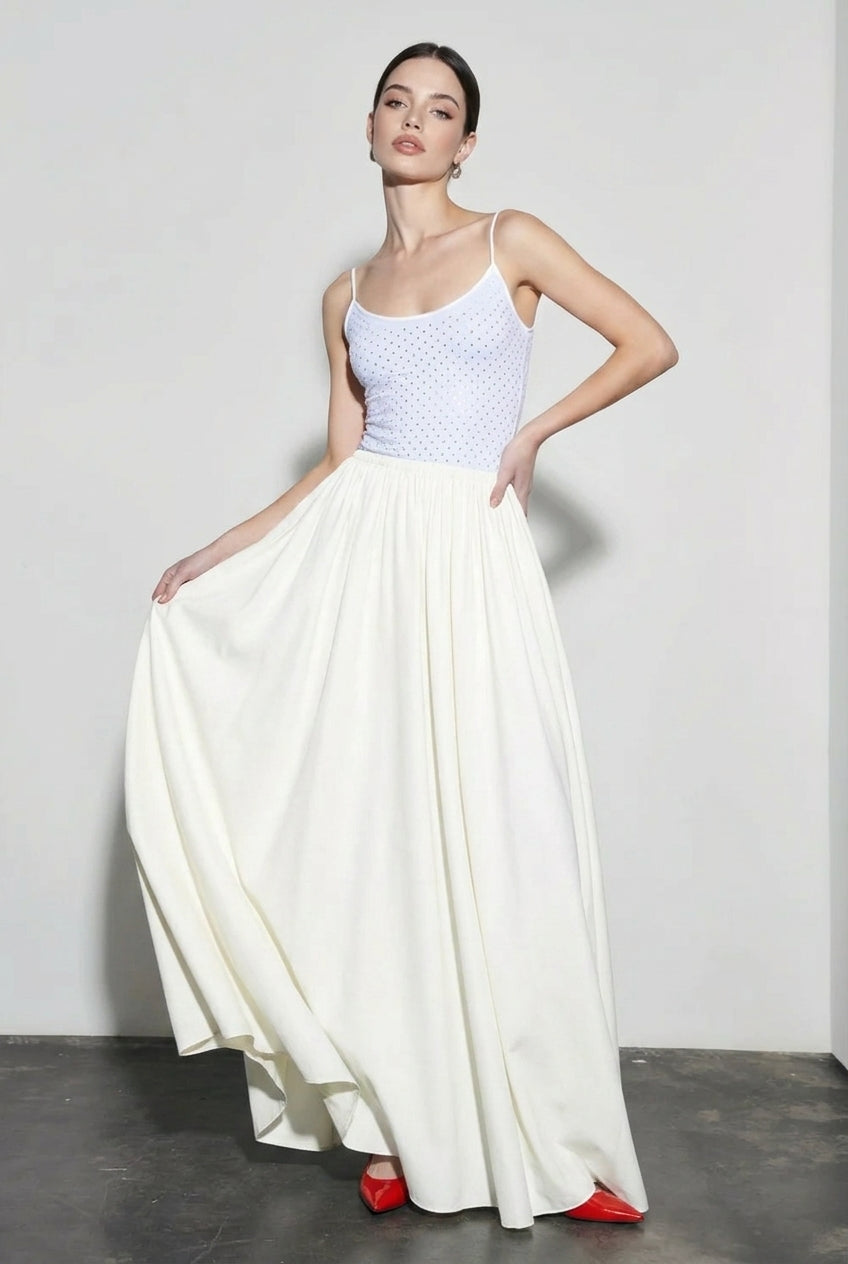 Solid Ruched Waist Flowy Vacation Skirt