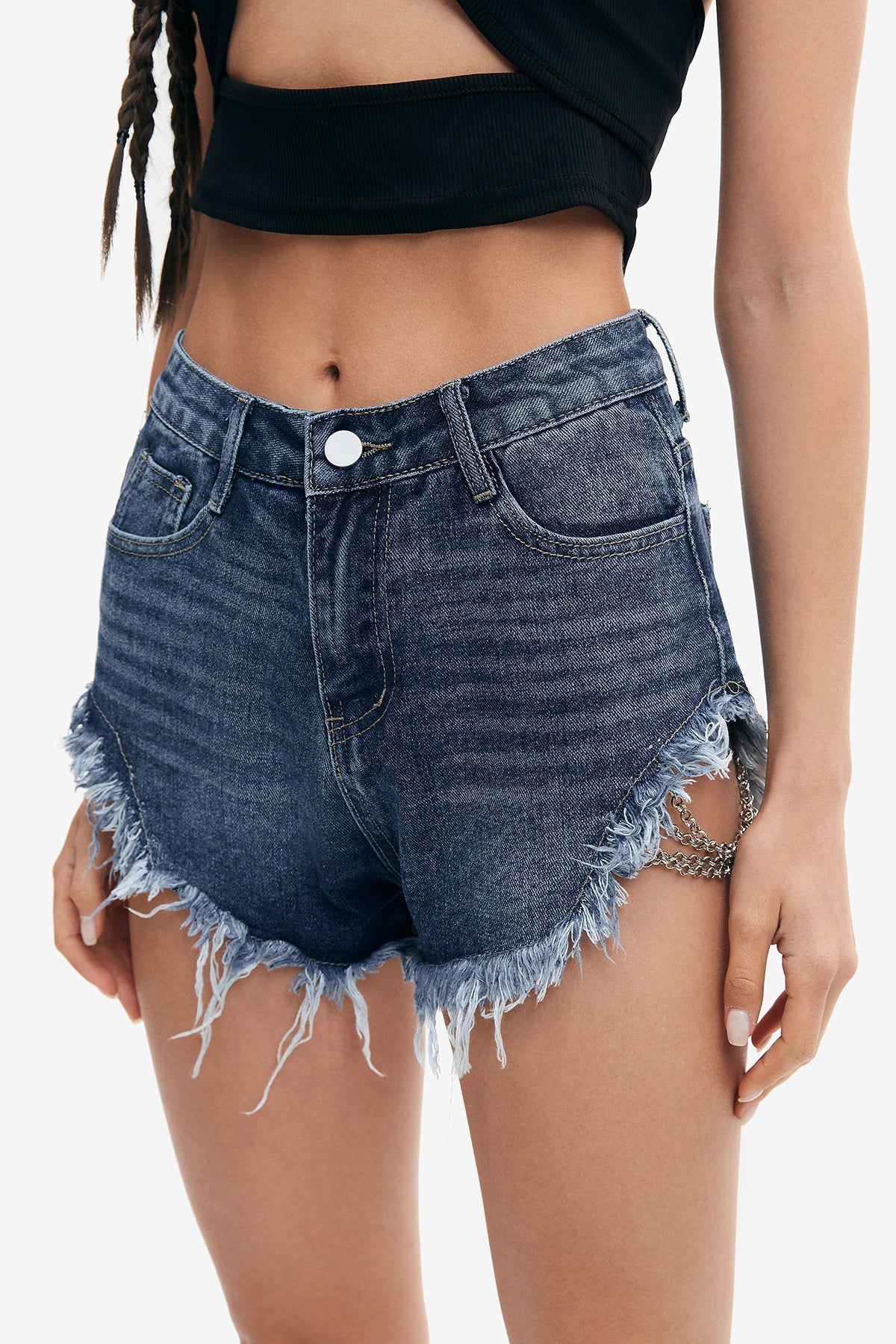 High Waist Frayed Chain Detail Denim Shorts