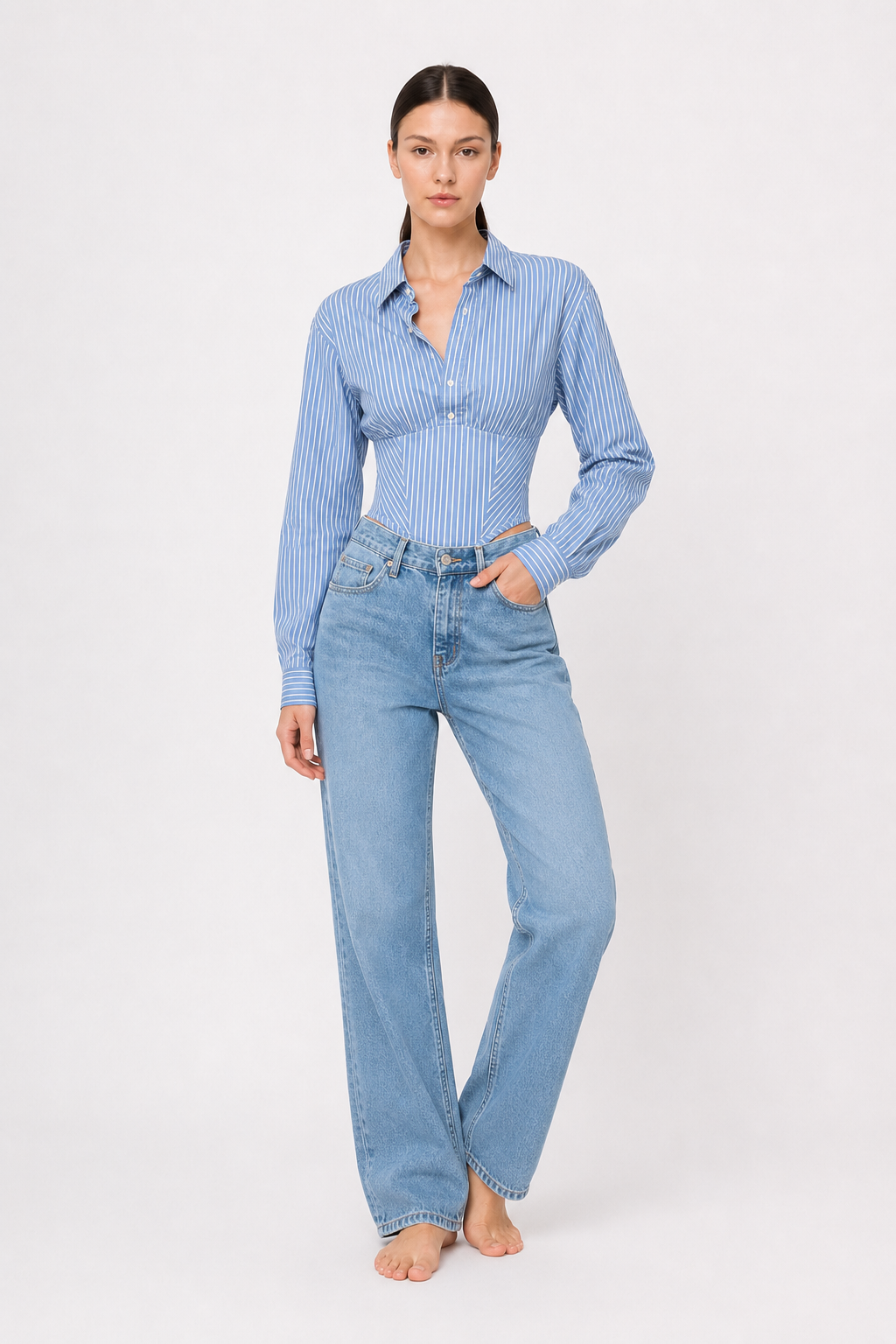 Striped Waist Cinched Collared Short Blouse