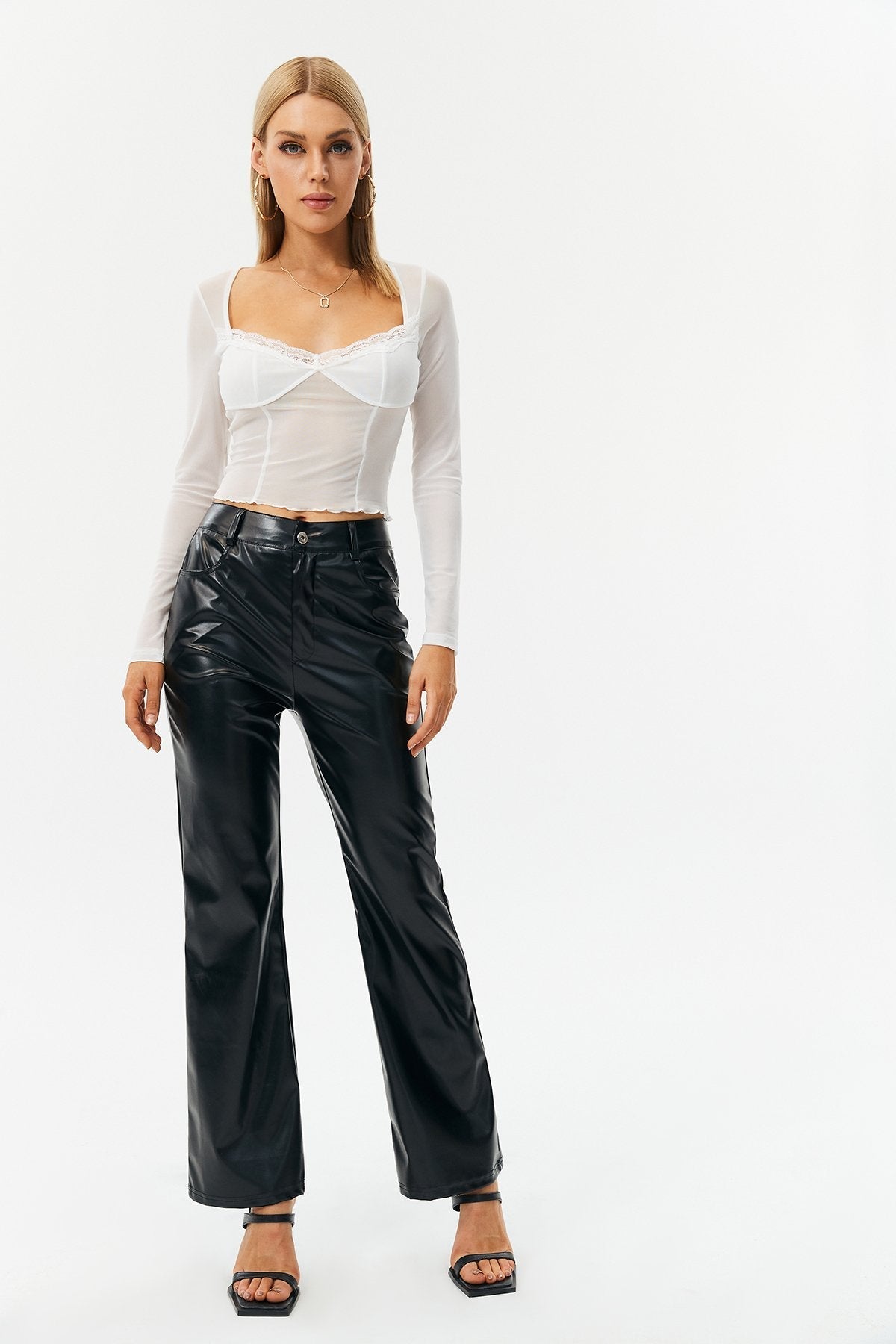 Lace Trim Mesh Cut Out Long Sleeve Top