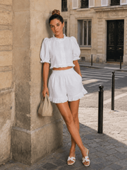 Stand Collar Puff Sleeve Ruffle Casual Two Piece Set