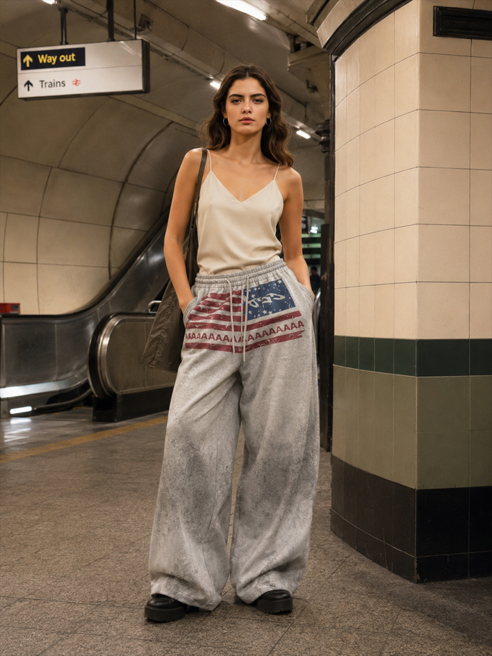 Retro Gray Graphic Drawcord Baggy Sweat Pants