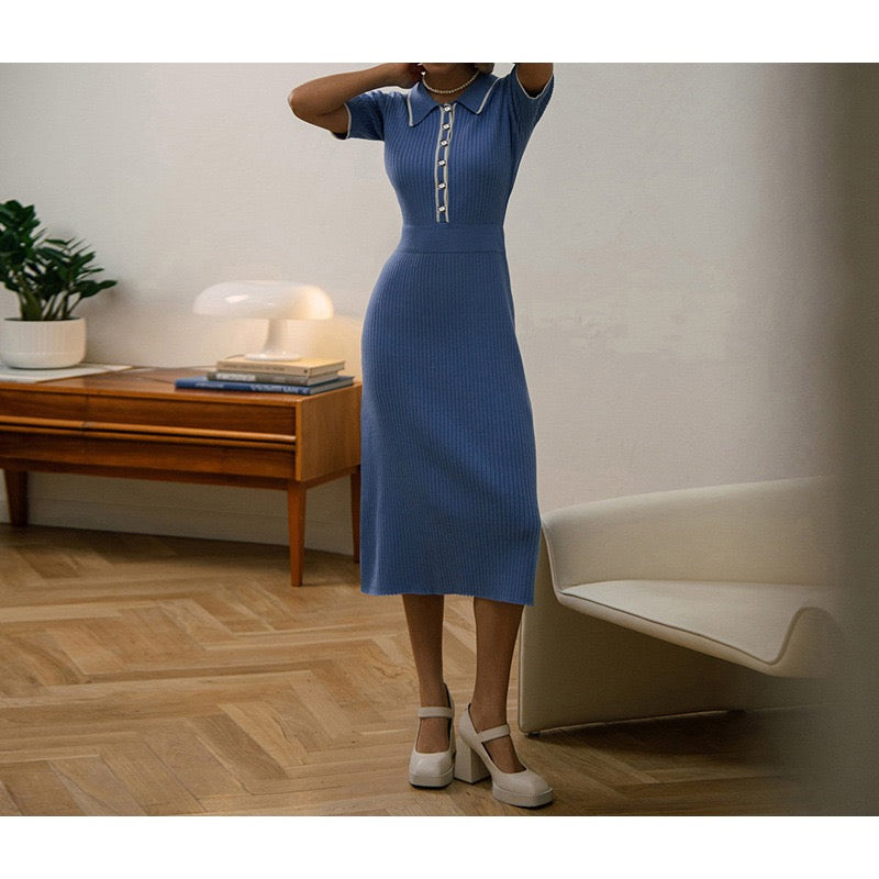 Contrast Trim Collared Rib Knit Short Sleeve Midi Dress