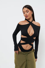 Halter Neck Cut Out Cold Shoulder Long Sleeve Bodysuit