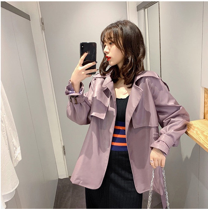 Stand Collar Belted PU Leather Quilted Jacket