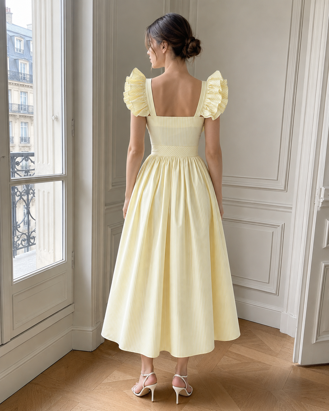 Ruffle Striped Square Collar Midi Dress