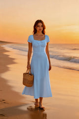 Ruched Puff Sleeve Maxi Work Dress