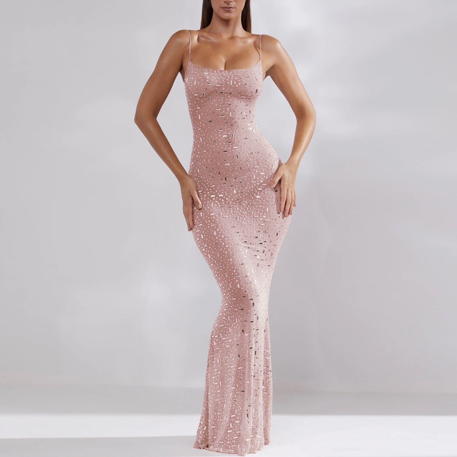 Sheer Embellished Scoop Neck Evening Gown