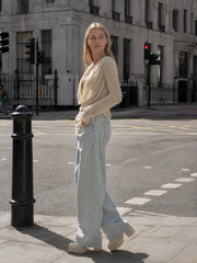 Loose Knit Solid Deep V Long Sleeve Blouse