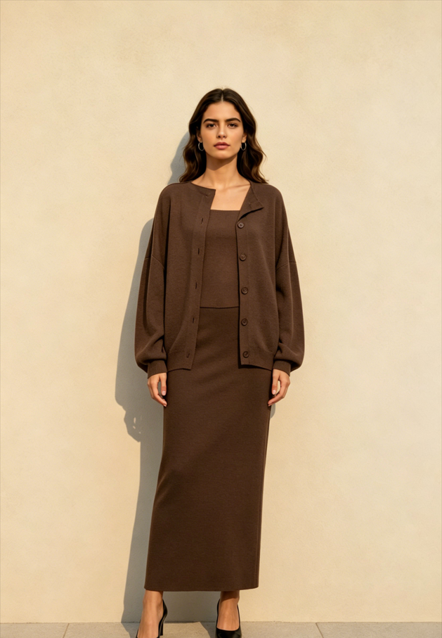 Elegant Minimalist Knit Long Sleeve Cardigan Cami Three Piece Set