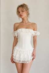 Lace Trim Bow Tie Corset Boned Off Shoulder Mini Dress