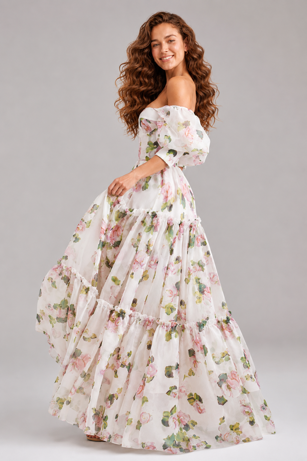 Floral Print Off Shoulder Puff Sleeve Organza Maxi Dress