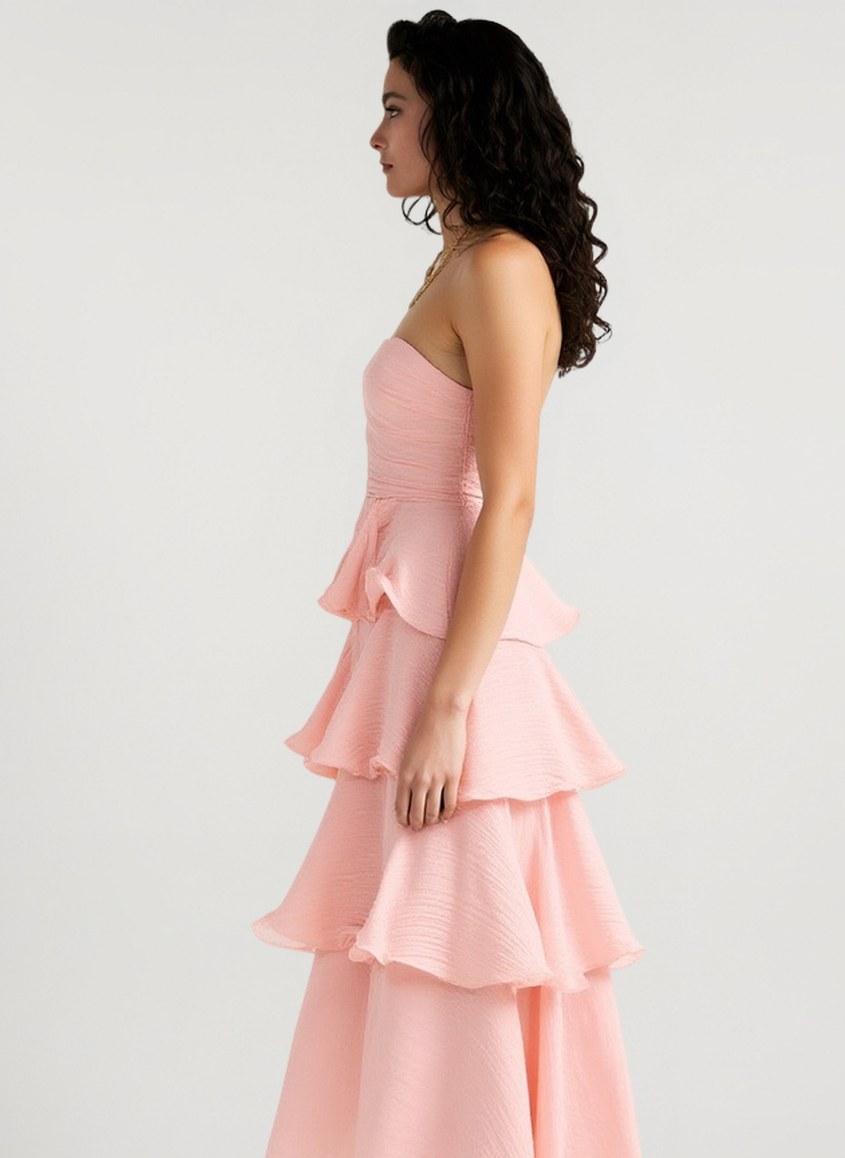 Fashion Strapless Backless Ruffle Tiered Midi Dress