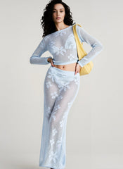 Knit Cutout Long Sleeve Crop Top Skirt Vacation Set