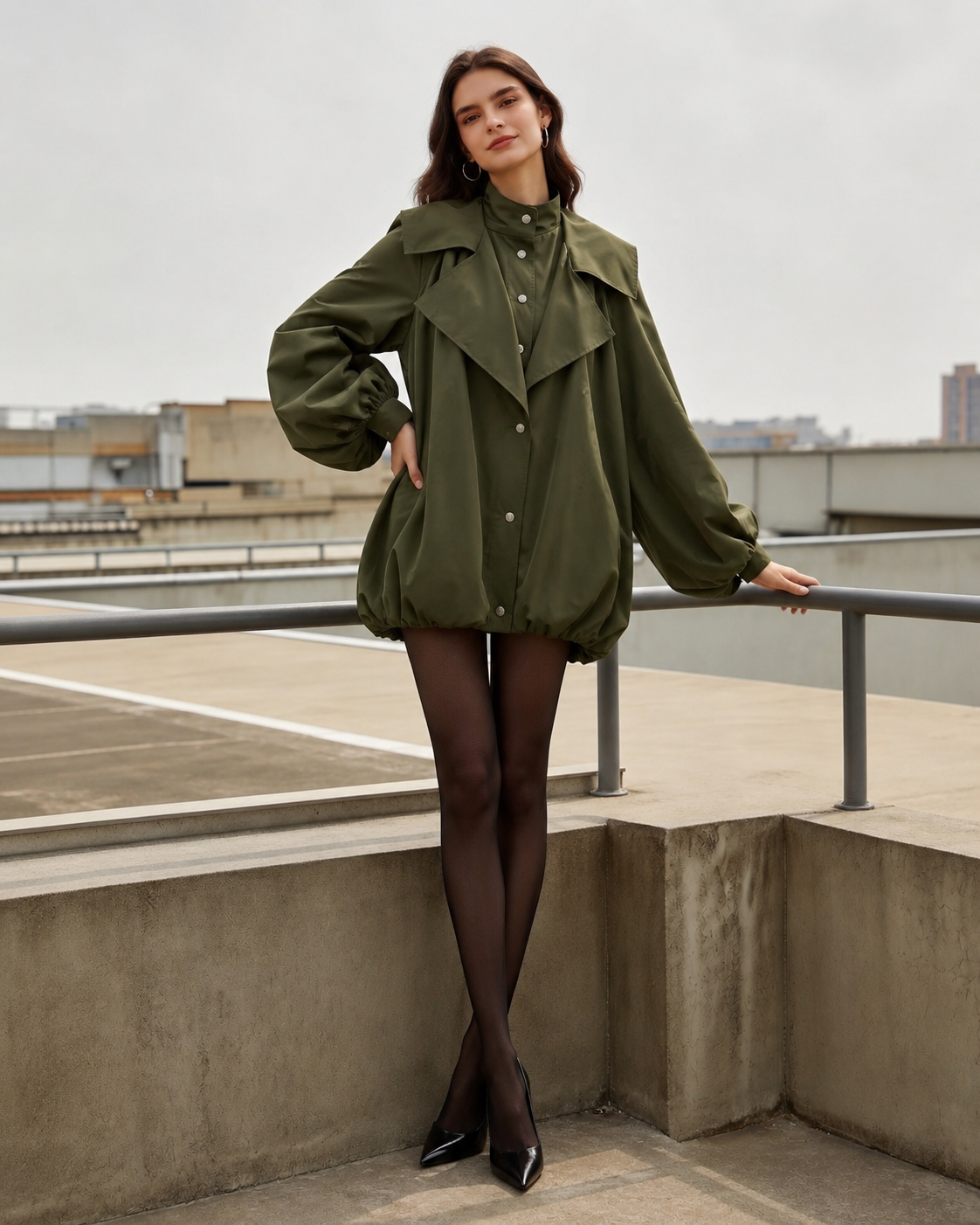 Retro Green Unique Oversized Slim Fake Two Piece Trench Jacket