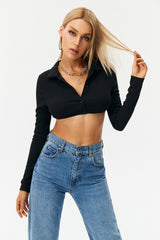 Solid Plunging Neck Button Front Long Sleeve Top
