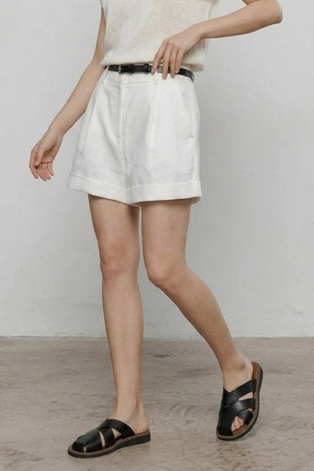 White Linen Cuffed Loose Fit Shorts Pants