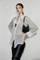 Sequin Collared Long Sleeve Glamorous Blouse
