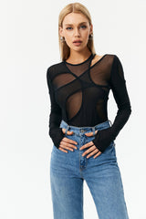 Mesh Asymmetrical Cut Out Bodysuit