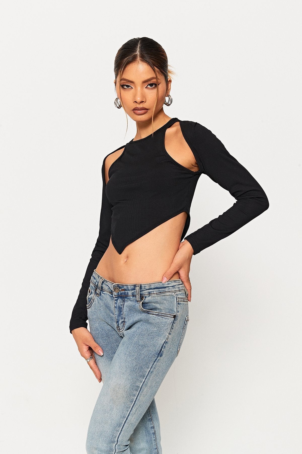 Cut Out Asymmetrical Hem Long Sleeve Top