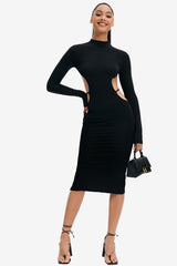 Mock Neck Open Back Split Hem Long Sleeve Midi Dress