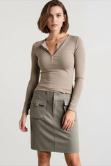 Spring Autumn Knitted Long Sleeve Solid Color Buttons Up Ribbed V-neck Streetwear T-shirts