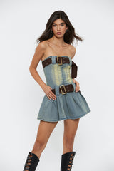 Off Shoulder Belt Decor Washed Denim Mini Dress