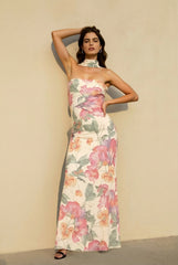 Satin Backless Strapless Print Vacation Dress
