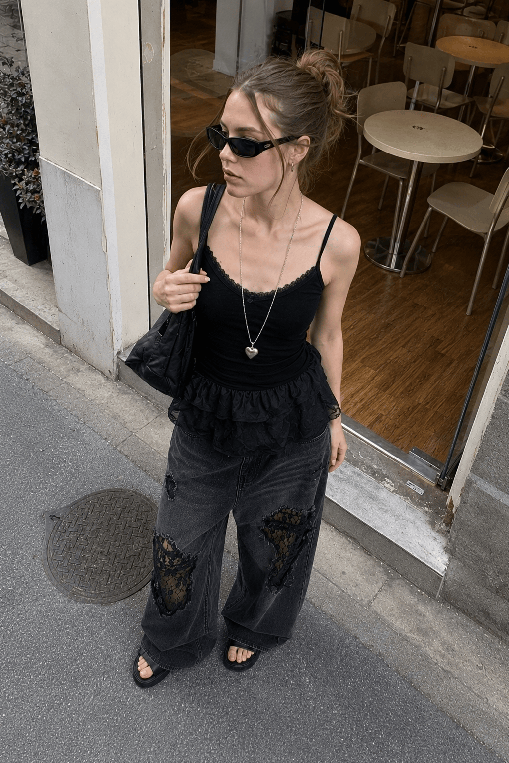 Lace Panel Ripped Wide Leg Jeans