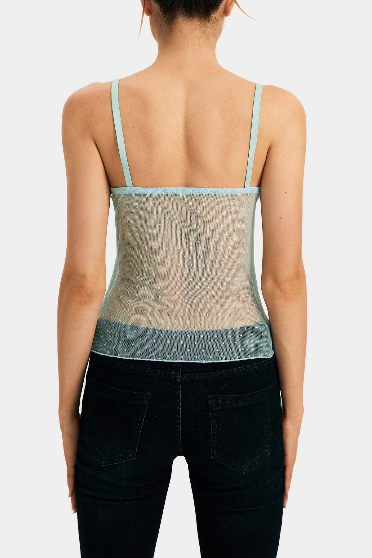 Lace Trim Polka Dot Cross Hem Mesh Crop Top
