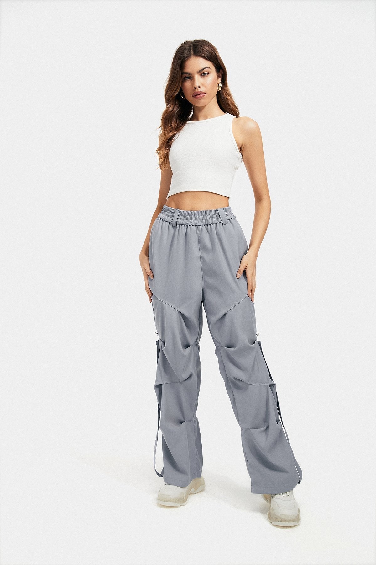 High Waist Ruched Strap Detail Straight Pants