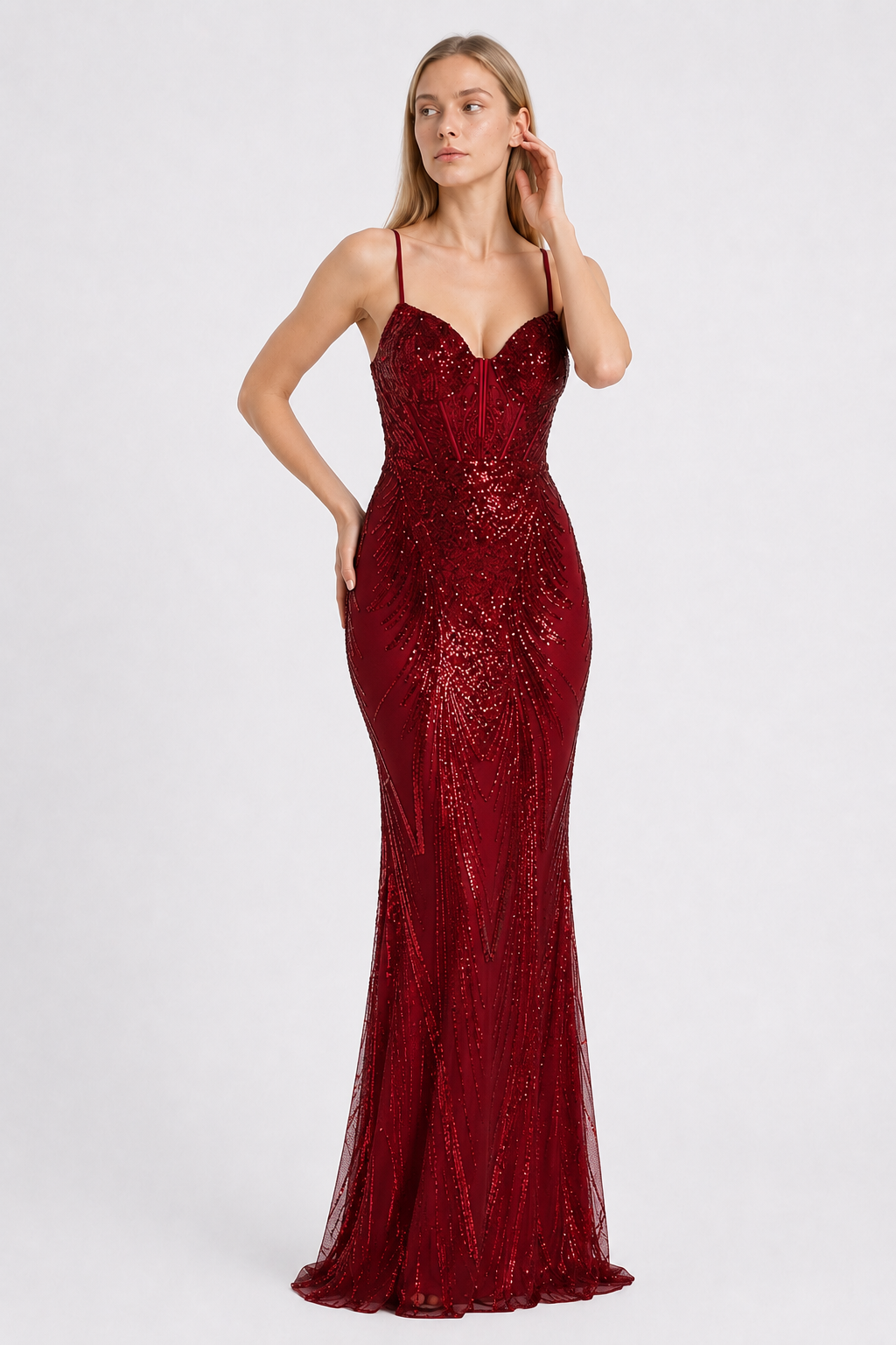 Boned Sequin Embroidered Formal Dress