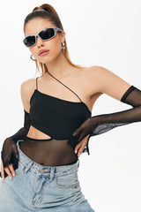 Mesh Splicing Off Shoulder Long Sleeve Crop Top