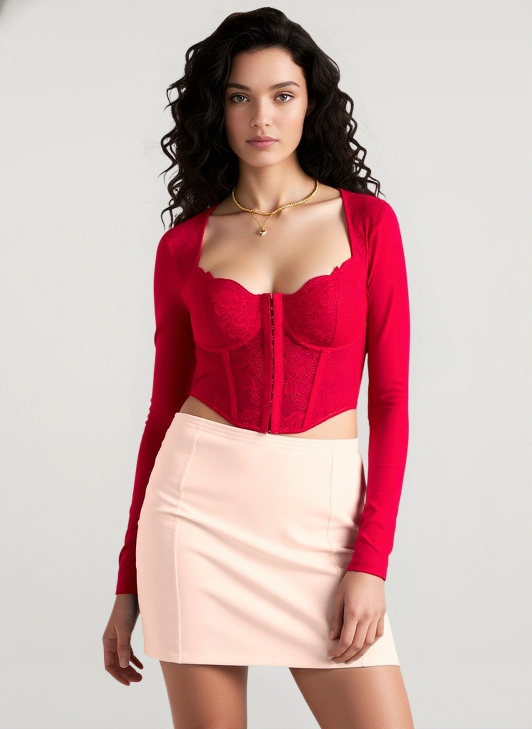 Lace Sheer Mesh Boned Buttoned V Neck Crop Top