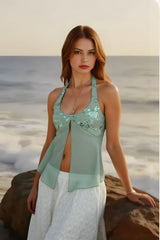 Sequin Chiffon Mesh Halter Backless Sheer Top